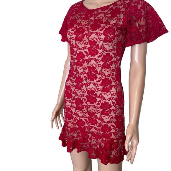 Solemio red lace over nude overlay mini form fitting cocktail dress NWOT SZ M - Picture 4 of 10